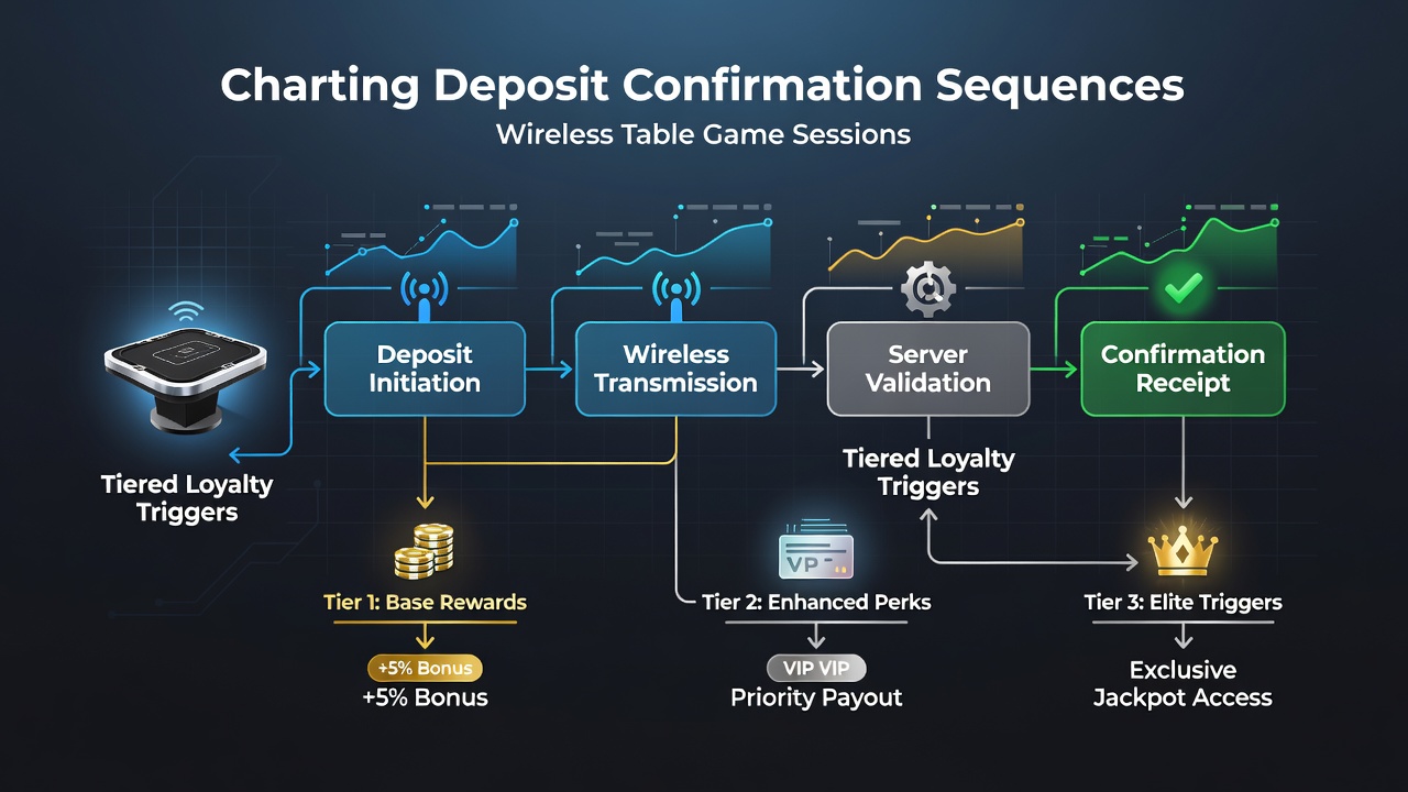 Flow diagram illustrating deposit confirmation steps connected to loyalty tier activations during mobile table sessions
