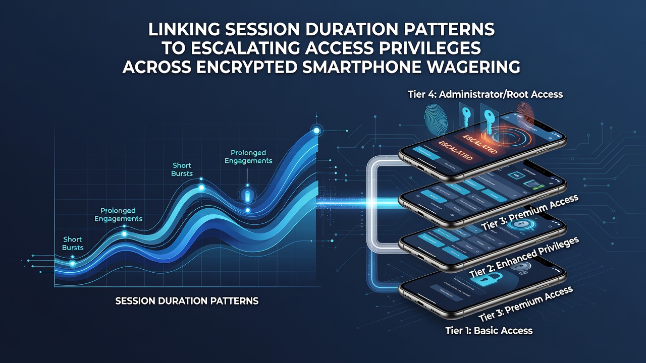 Mobile device displaying encrypted wagering dashboard with session duration metrics and access privilege indicators
