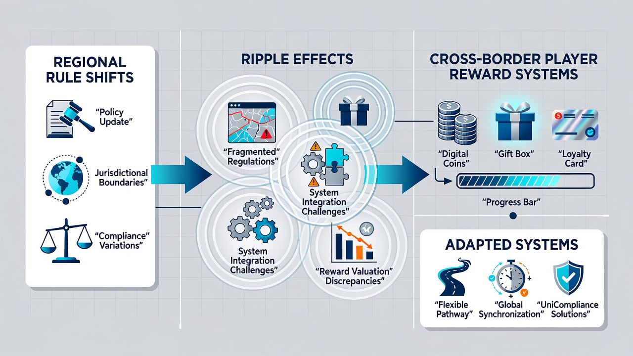 Illustration of interconnected reward system nodes across different regional regulatory zones