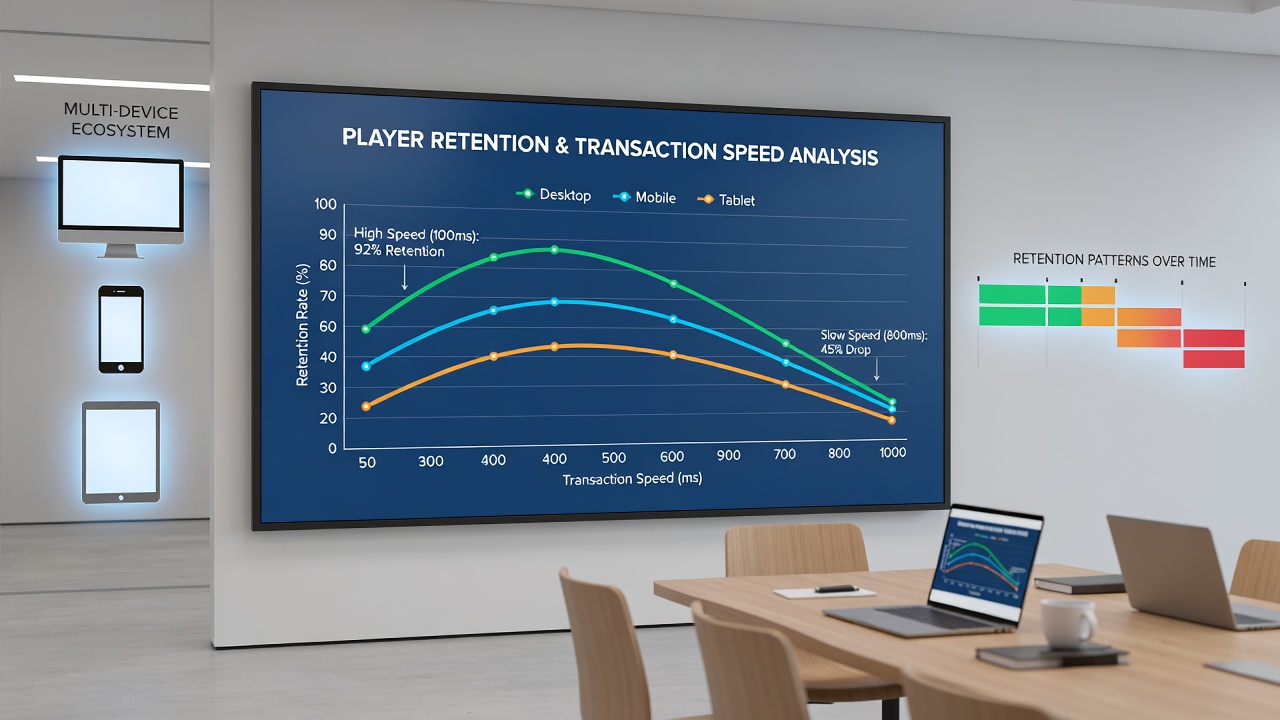 Analytics dashboard displaying retention curves alongside transaction speed variations for different casino device types