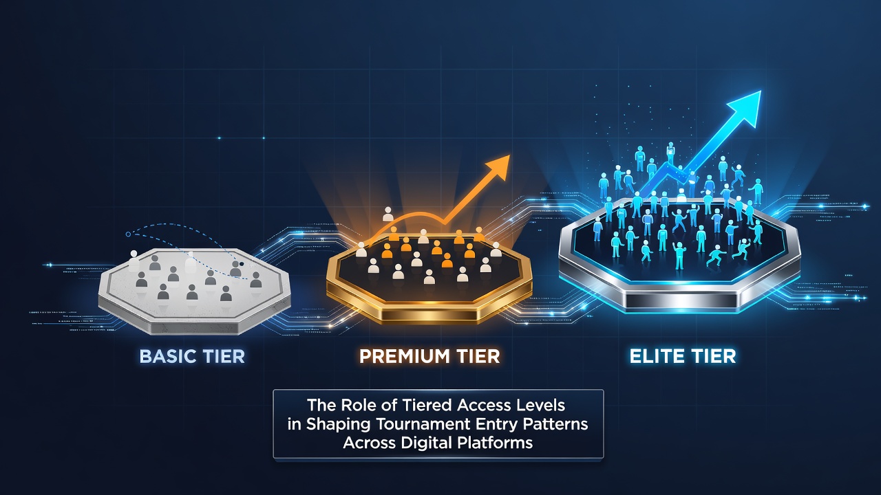 Digital platform dashboard showing tiered tournament access levels and entry statistics for competitive gaming events