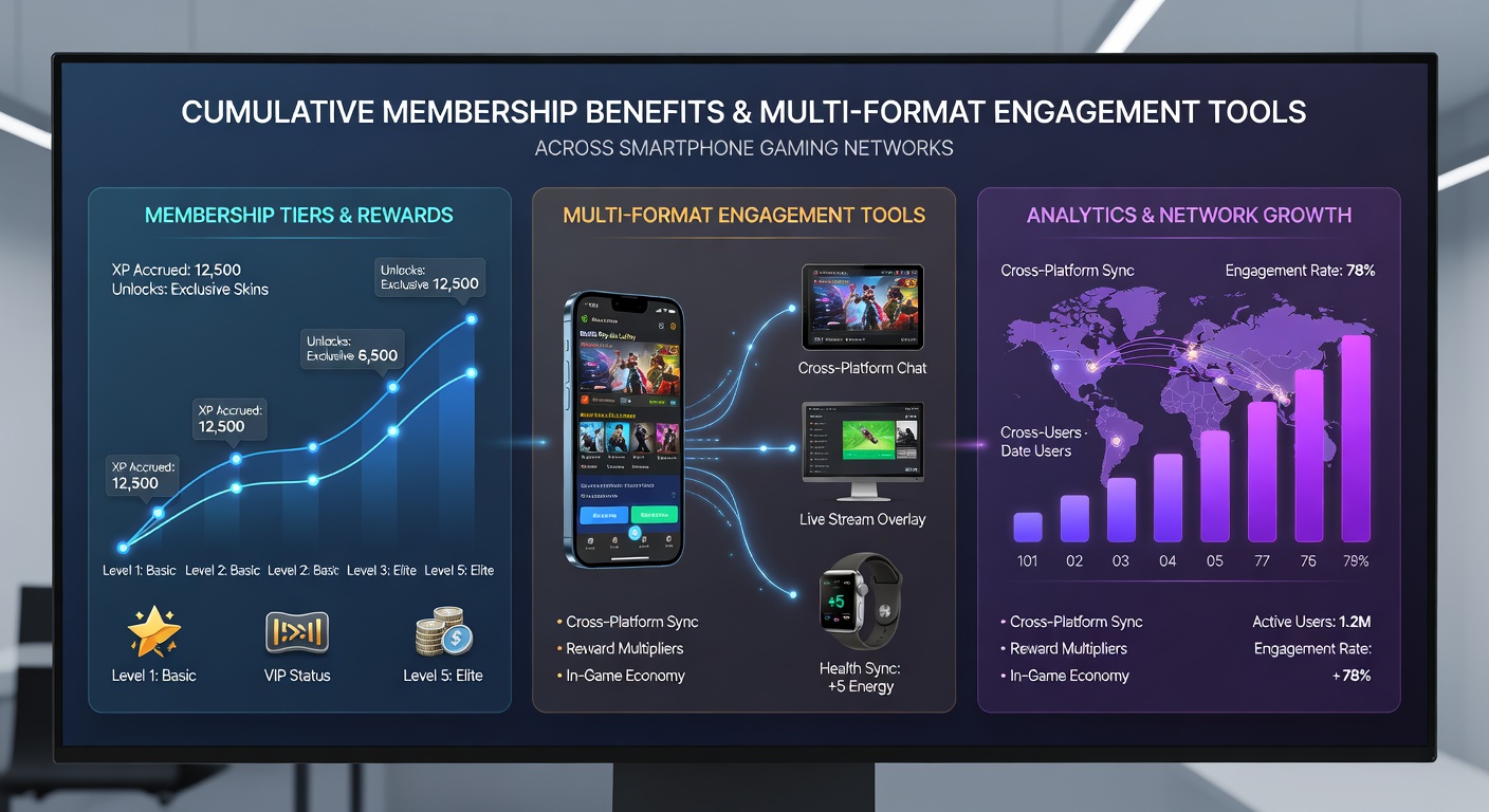 Smartphone displaying interconnected gaming network interfaces with membership benefit trackers and engagement icons